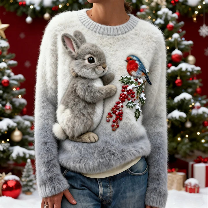 Suzette – Pull en Peluche avec un Lapin de Noël