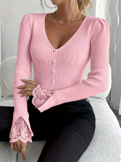 Pull à Côtes avec Décolleté en V et Manches en Dentelle