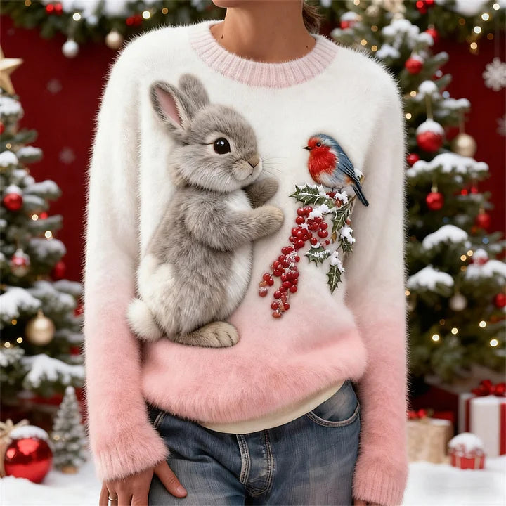 Suzette – Pull en Peluche avec un Lapin de Noël