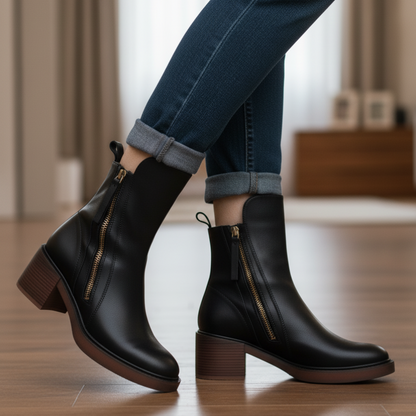 Valorine™ | Botte en cuir noire avec un talon confortable, élégante et intemporelle